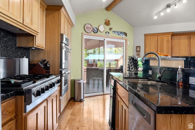 2456 E Bonneville Ter, South Ogden, UT 84403 - kitchen with a sink, appliances with stainless steel finishes, light wood-style flooring, and tasteful backsplash