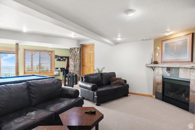 2456 E Bonneville Ter, South Ogden, UT 84403 - carpeted living room featuring billiards, a tile fireplace, and baseboards