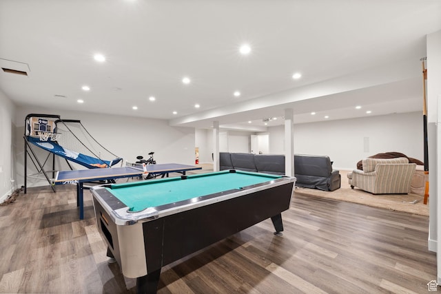 recreation room with billiards table, wood finished floors, recessed lighting, and baseboards