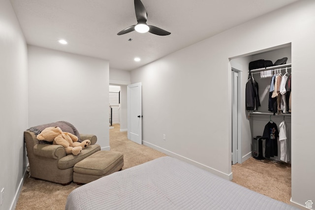 carpeted bedroom featuring baseboards, a closet, recessed lighting, and ceiling fan