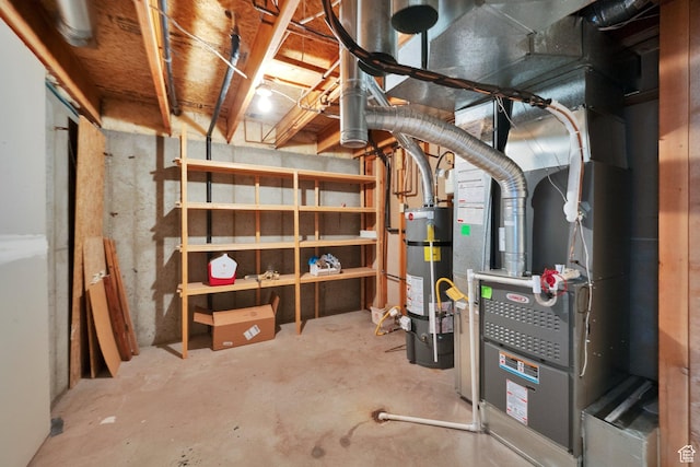 unfinished basement with strapped water heater and heating unit