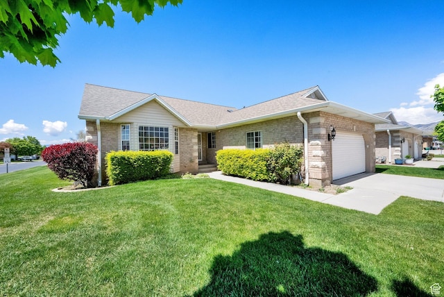 single story home with an attached garage, a front yard, concrete driveway, roof with shingles, and stone siding