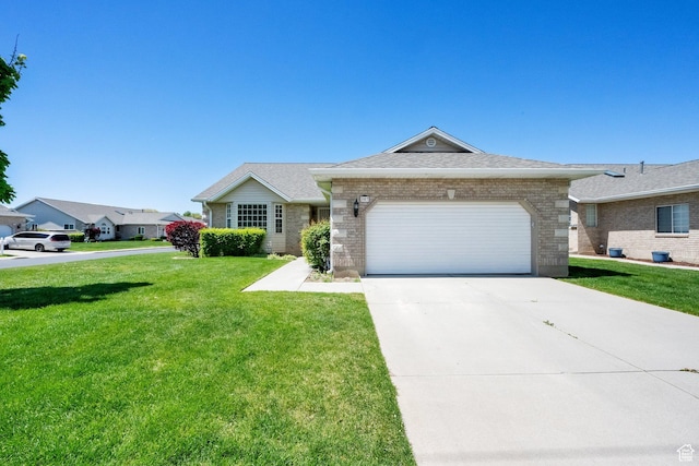 ranch-style house featuring a front lawn, a garage, brick siding, concrete driveway, and a shingled roof