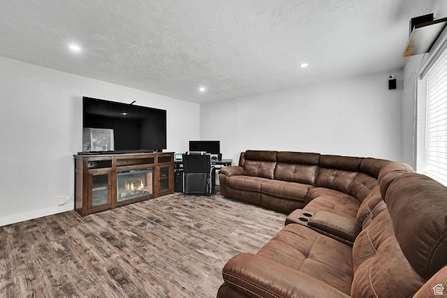 256 13th St, Ogden, UT 84404 - living room featuring wood finished floors, recessed lighting, a textured ceiling, baseboards, and a glass covered fireplace