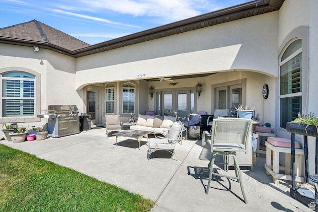 337 S 300 E, Willard, UT 84340 - view of patio / terrace with french doors, grilling area, an outdoor hangout area, and a ceiling fan
