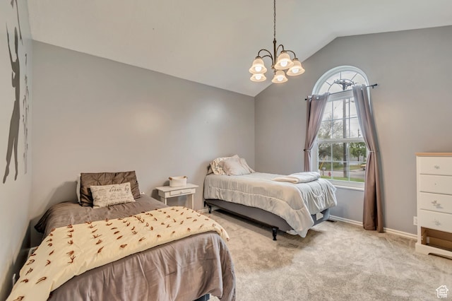 bedroom featuring vaulted ceiling, a chandelier, carpet floors, and baseboards