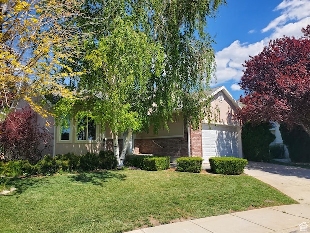 view of property hidden behind natural elements featuring brick siding, driveway, an attached garage, and a front yard