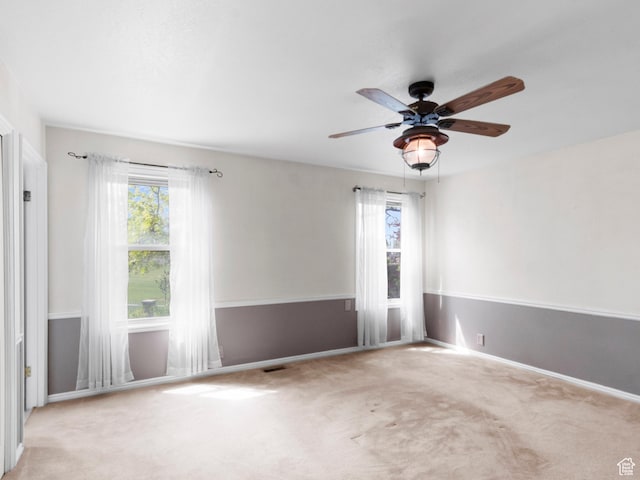 spare room featuring plenty of natural light, a ceiling fan, and carpet