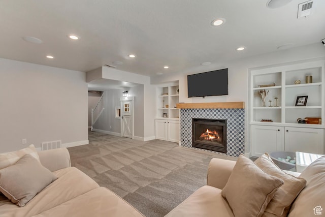 238 E Hillcrest Way N, Salt Lake, UT 84054 - living area with baseboards, light carpet, stairs, recessed lighting, and built in features