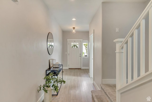 238 E Hillcrest Way N, Salt Lake, UT 84054 - foyer entrance with stairway, light wood finished floors, baseboards, and recessed lighting