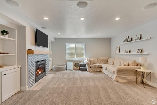 238 E Hillcrest Way N, Salt Lake, UT 84054 - living area featuring light colored carpet, a fireplace, baseboards, and recessed lighting
