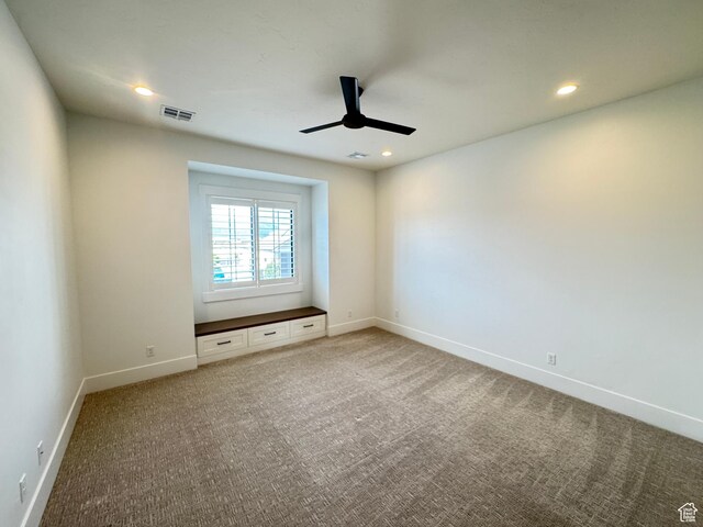 unfurnished room featuring ceiling fan, baseboards, light colored carpet, and recessed lighting