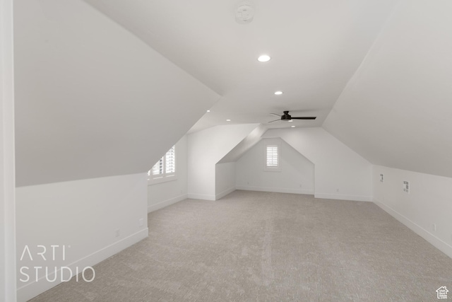 2832 E Stonedale Dr, St George, UT 84790 - bonus room featuring recessed lighting, baseboards, light carpet, lofted ceiling, and a ceiling fan