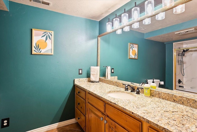 5925 W Highland Dr N, Mountain Green, UT 84050 - bathroom featuring a textured ceiling, a shower with curtain, vanity, tile patterned flooring, and baseboards