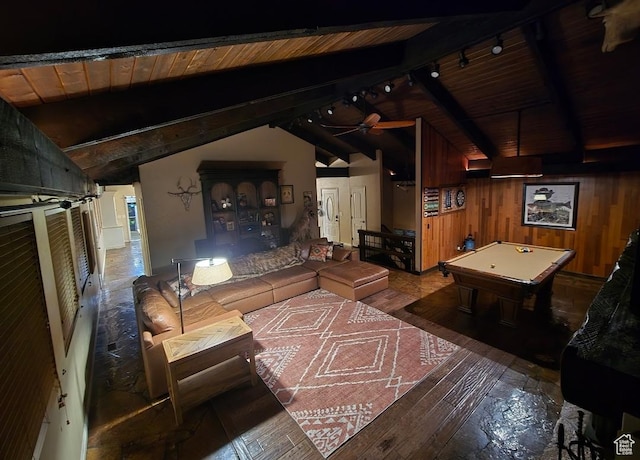 5925 W Highland Dr N, Mountain Green, UT 84050 - living room featuring wood ceiling, hardwood / wood-style flooring, billiards table, a ceiling fan, and wood walls