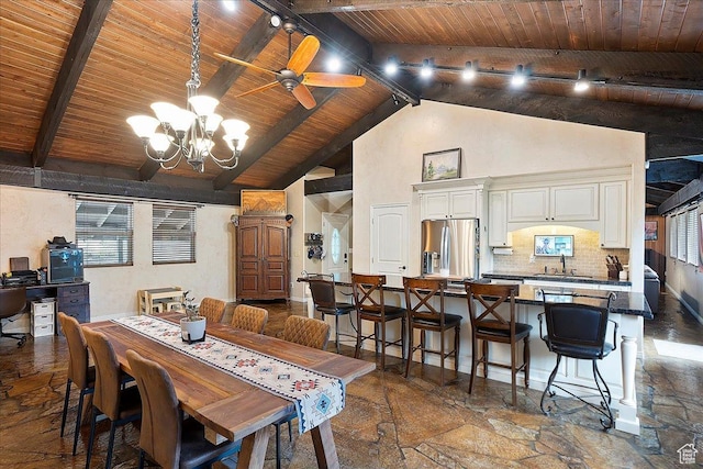 5925 W Highland Dr N, Mountain Green, UT 84050 - dining room featuring stone tile floors, wood ceiling, a chandelier, beam ceiling, and high vaulted ceiling