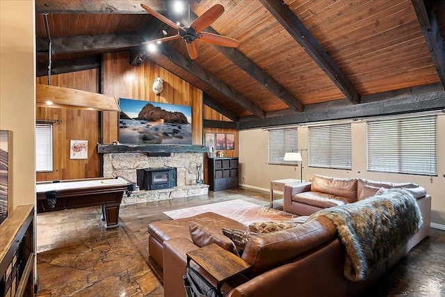 5925 W Highland Dr N, Mountain Green, UT 84050 - living area featuring stone finish flooring, wood ceiling, a ceiling fan, beam ceiling, and high vaulted ceiling