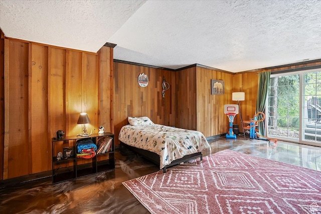 5925 W Highland Dr N, Mountain Green, UT 84050 - bedroom featuring a textured ceiling, access to exterior, wood walls, and crown molding