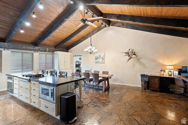 5925 W Highland Dr N, Mountain Green, UT 84050 - kitchen with stone flooring, stainless steel appliances, wood ceiling, a chandelier, and baseboards