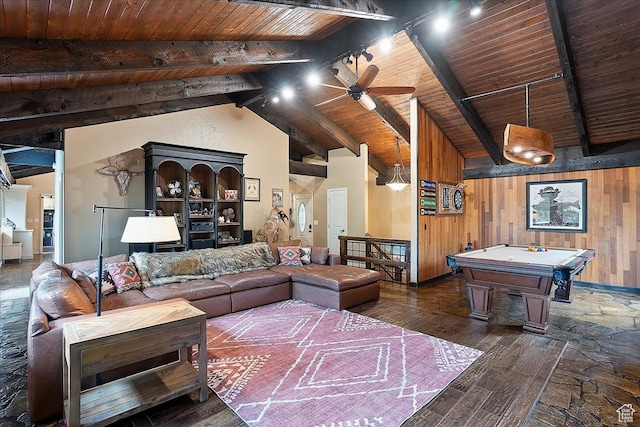 5925 W Highland Dr N, Mountain Green, UT 84050 - living area with wooden ceiling, beam ceiling, wood finished floors, ceiling fan, and wooden walls