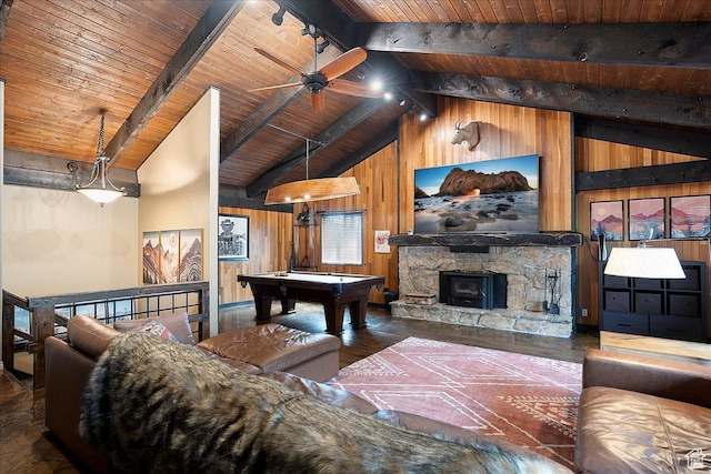 5925 W Highland Dr N, Mountain Green, UT 84050 - living room featuring wood ceiling, wood walls, billiards table, ceiling fan, and wood finished floors