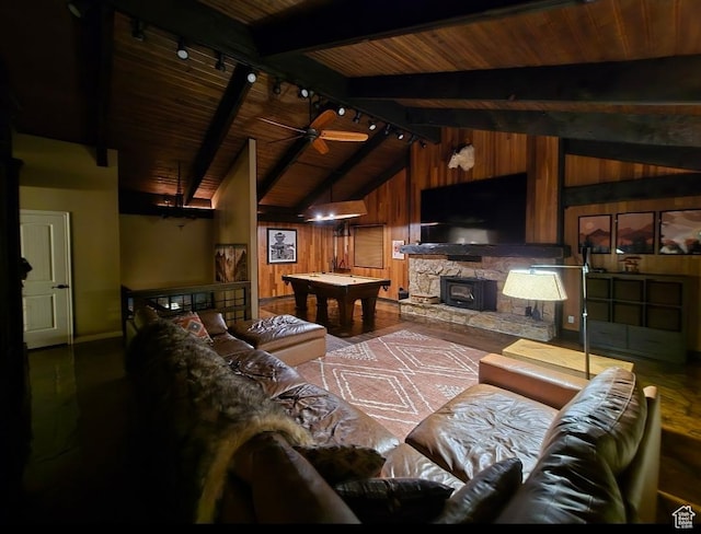 5925 W Highland Dr N, Mountain Green, UT 84050 - living area with rail lighting, wooden walls, wood-type flooring, wood ceiling, and baseboards