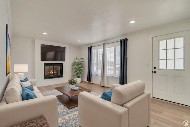 172 E 400 N, Tooele, UT 84074 - living room with light wood-style flooring, recessed lighting, a glass covered fireplace, and ornamental molding