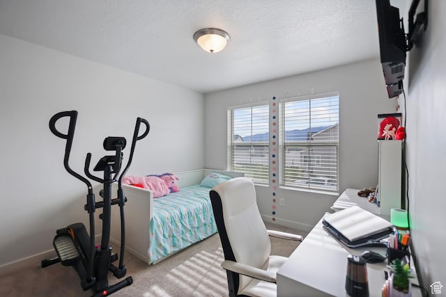 carpeted bedroom featuring baseboards and a textured ceiling