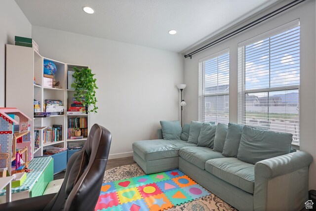 office featuring wood finished floors, baseboards, and recessed lighting
