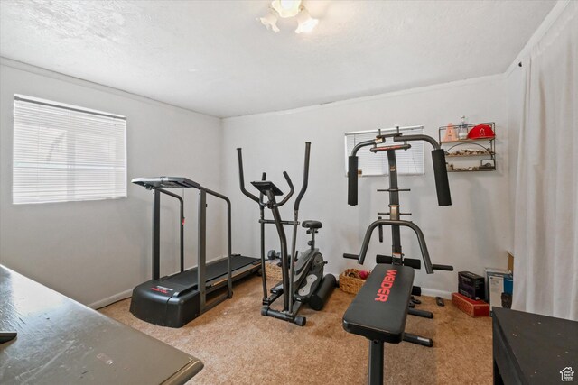 workout room featuring carpet flooring and baseboards