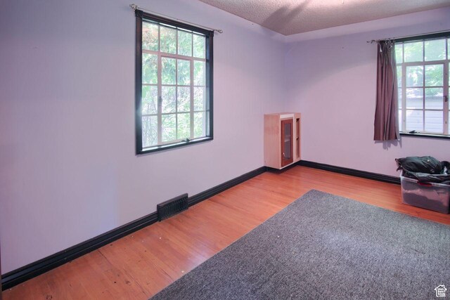 empty room featuring wood finished floors, healthy amount of natural light, baseboards, and a textured ceiling