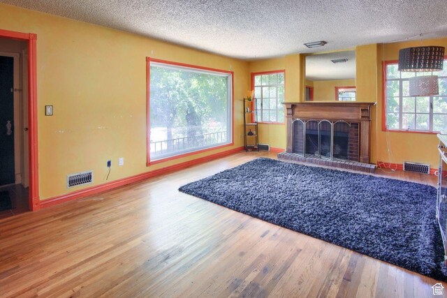 living room featuring wood finished floors, healthy amount of natural light, a textured ceiling, a fireplace, and baseboards