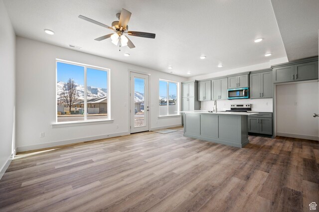 621 S 85 E Unit 24, Smithfield, UT 84335 - kitchen with stainless steel appliances, light wood finished floors, recessed lighting, light countertops, and a ceiling fan