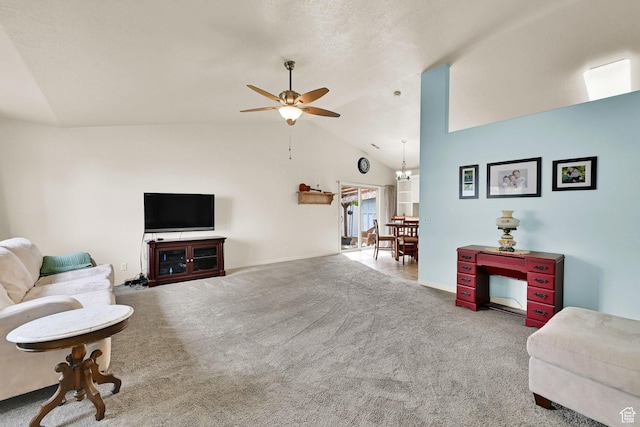 157 W Southwell St, Ogden, UT 84404 - living area featuring vaulted ceiling, carpet flooring, ceiling fan, a chandelier, and baseboards