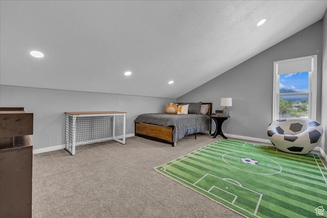 bedroom with vaulted ceiling, carpet floors, a textured ceiling, recessed lighting, and baseboards