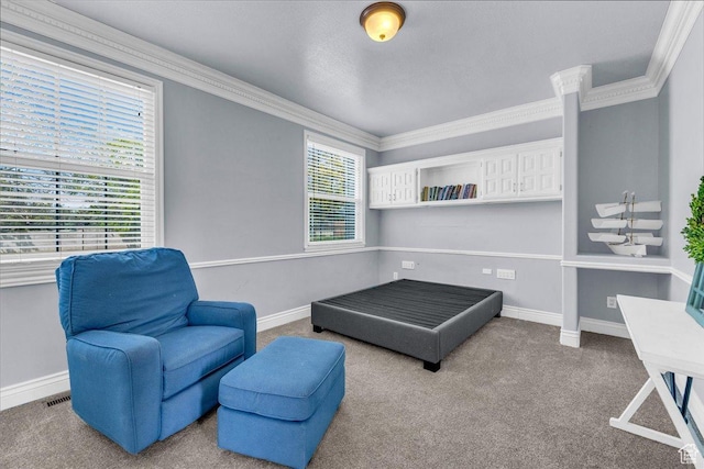 living area featuring ornamental molding, carpet, and baseboards