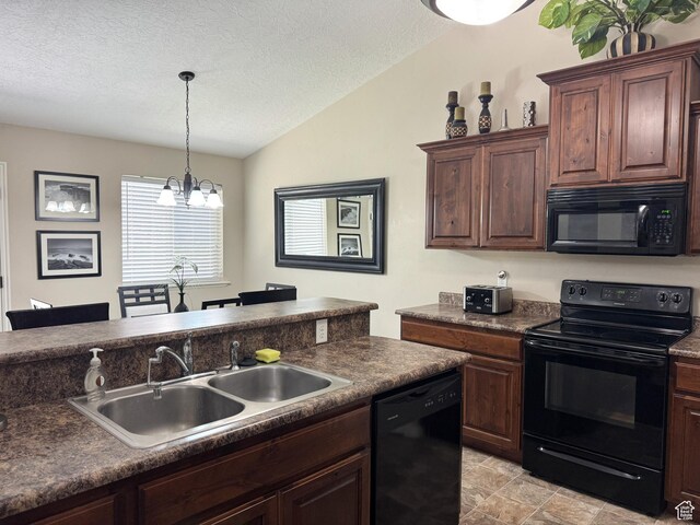 1661 S 1960 E, Spanish Fork, UT 84660 - kitchen featuring black appliances, a sink, dark countertops, lofted ceiling, and a chandelier