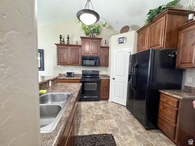 1661 S 1960 E, Spanish Fork, UT 84660 - kitchen featuring black appliances, a sink, vaulted ceiling, stone finish flooring, and a textured ceiling