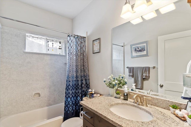 full bath featuring toilet, vanity, and shower / bath combo with shower curtain