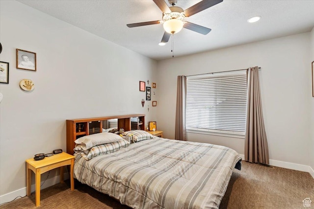 bedroom featuring carpet flooring, baseboards, ceiling fan, and recessed lighting