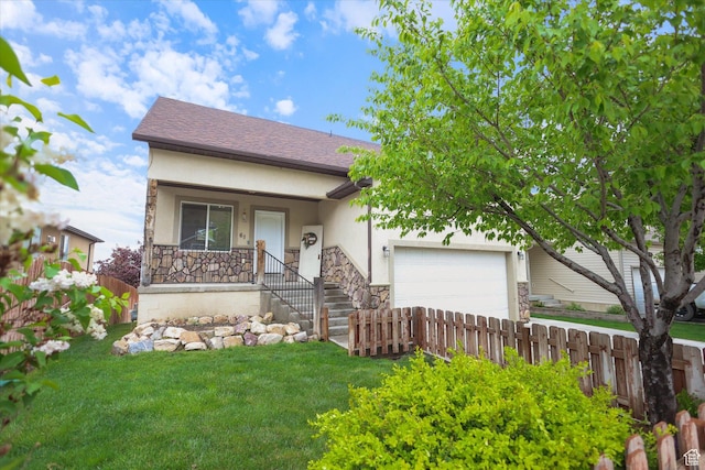 view of front of home featuring an attached garage, stucco siding, covered porch, and stone siding