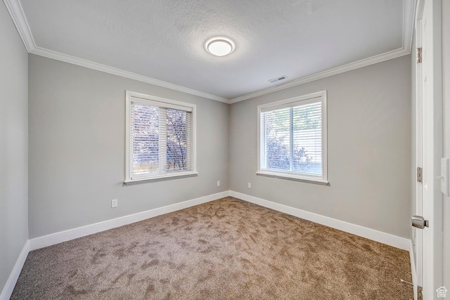 carpeted empty room featuring ornamental molding, baseboards, and a textured ceiling