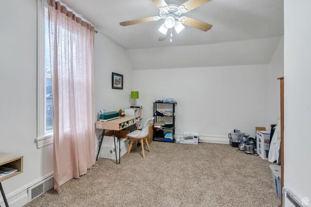 358 W 400 S, Provo, UT 84601 - home office with light colored carpet, vaulted ceiling, and ceiling fan