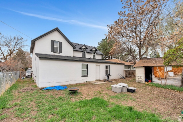 358 W 400 S, Provo, UT 84601 - rear view of house featuring stucco siding, a fenced backyard, a storage unit, and an outbuilding
