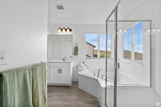 bathroom featuring vanity, wood finished floors, a garden tub, and a shower stall