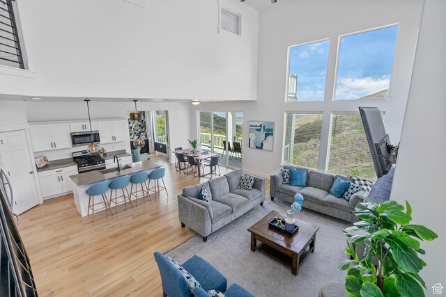 living area featuring a towering ceiling and light wood-style floors