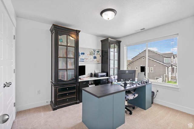 office area featuring plenty of natural light, light carpet, and baseboards