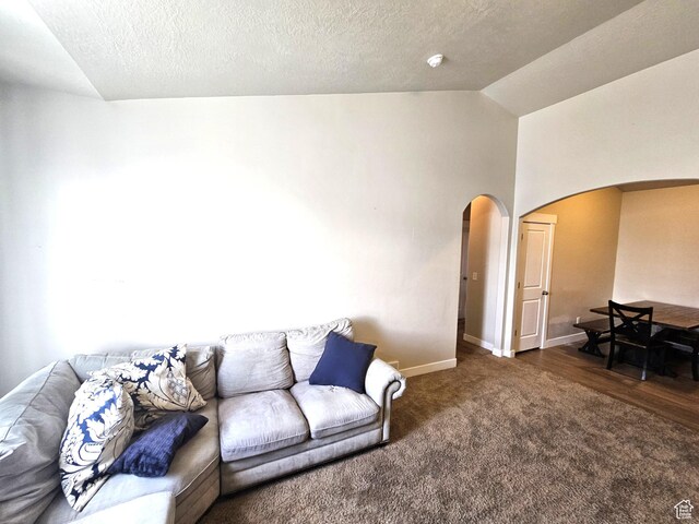 1771 E Skyline Dr Unit I4, Eagle Mountain, UT 84005 - carpeted living area with arched walkways, vaulted ceiling, a textured ceiling, and baseboards