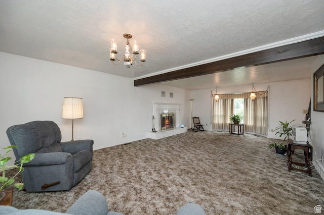 825 W Arapahoe Ave S, Salt Lake City, UT 84104 - carpeted living room featuring a chandelier, baseboards, a textured ceiling, and a fireplace