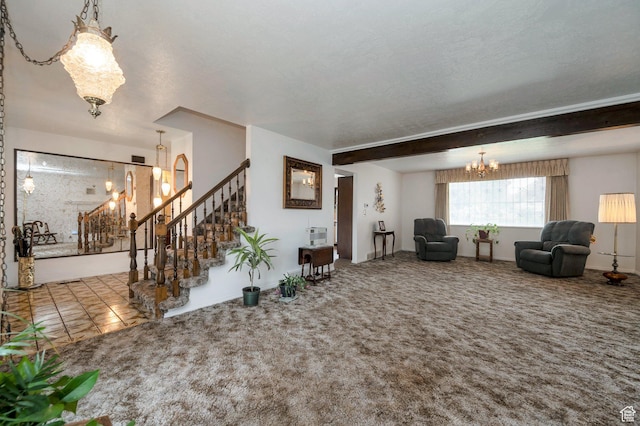 825 W Arapahoe Ave S, Salt Lake City, UT 84104 - carpeted living room featuring a chandelier, stairway, and beamed ceiling